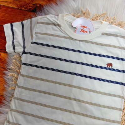 Conj. Camiseta Listrada e Bermuda - Azul Jeans e Off White